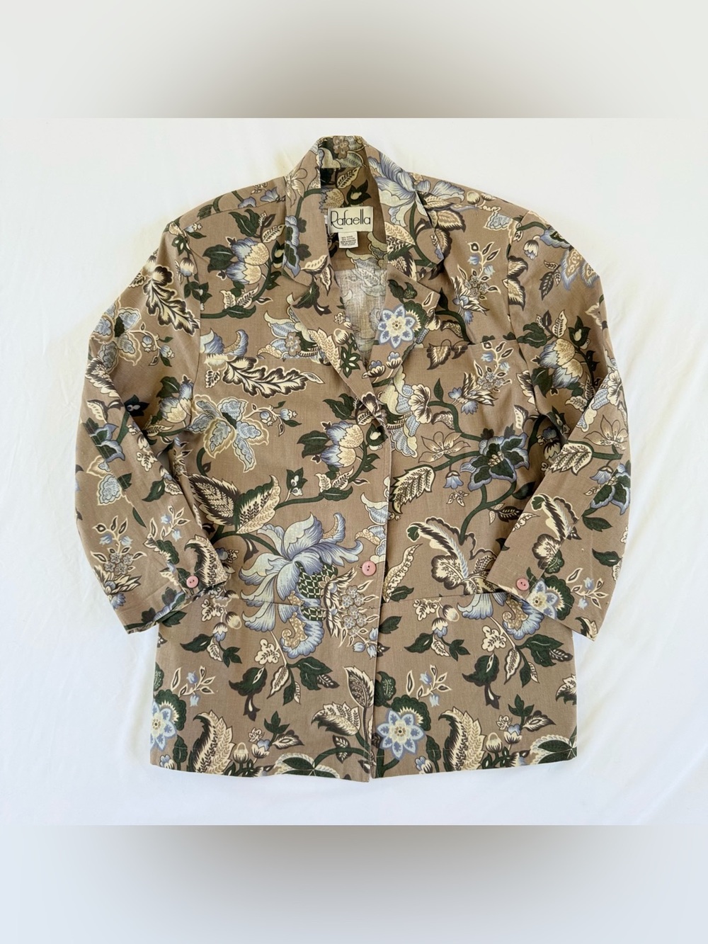 VTG Rafaella Floral Blazer Womens 12 Tan Blue Ramie Cotton Cottagecore Coastal
